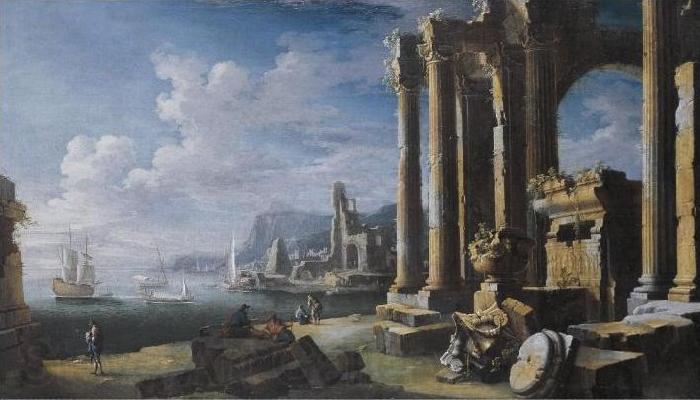 Leonardo Coccorante A capriccio of architectural ruins with a seascape beyond Norge oil painting art
